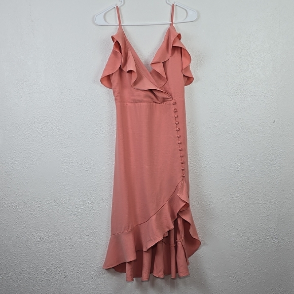 Shinestar Dresses & Skirts - Shinestar - Pink Elegant High-Low Flared Hem, Ruffle Neck Dress Women's Small